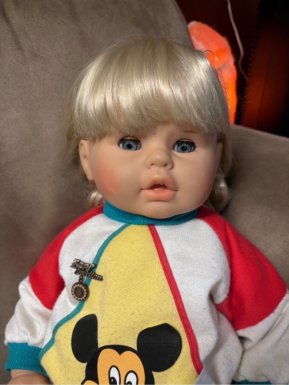 Vintage 1980s Zapf Creation Katja Toddler Doll with original Mickey Mouse Shirt
